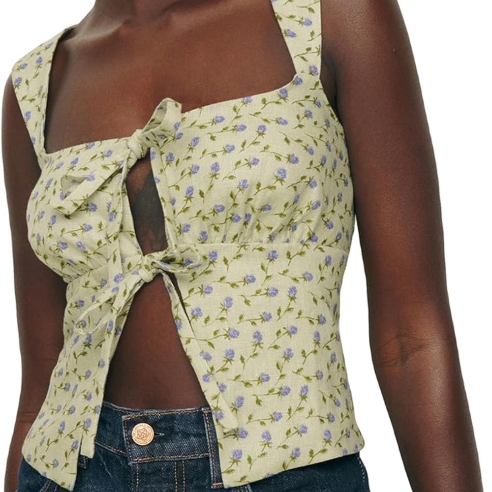 Reformation Light Green Floral Tie-Front Tank Top
